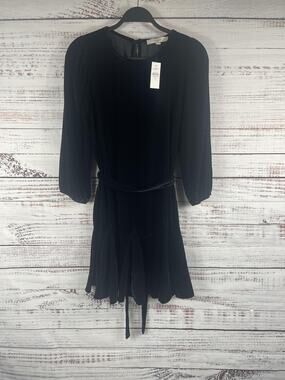 Loft Dress Women's Size XS Black Velvet 3/4 Sleeve Belted Fit & Flare Party Mini